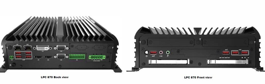 Stealth LPC-870 Rugged Embedded Computer. Front and Back Views Showcasing Versatile Connectivity and Expansion Options.